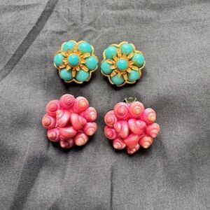 Vintage Pair-Gold Tone Clip on Earrings w Turquoise & Pink Shell Flower Cluster